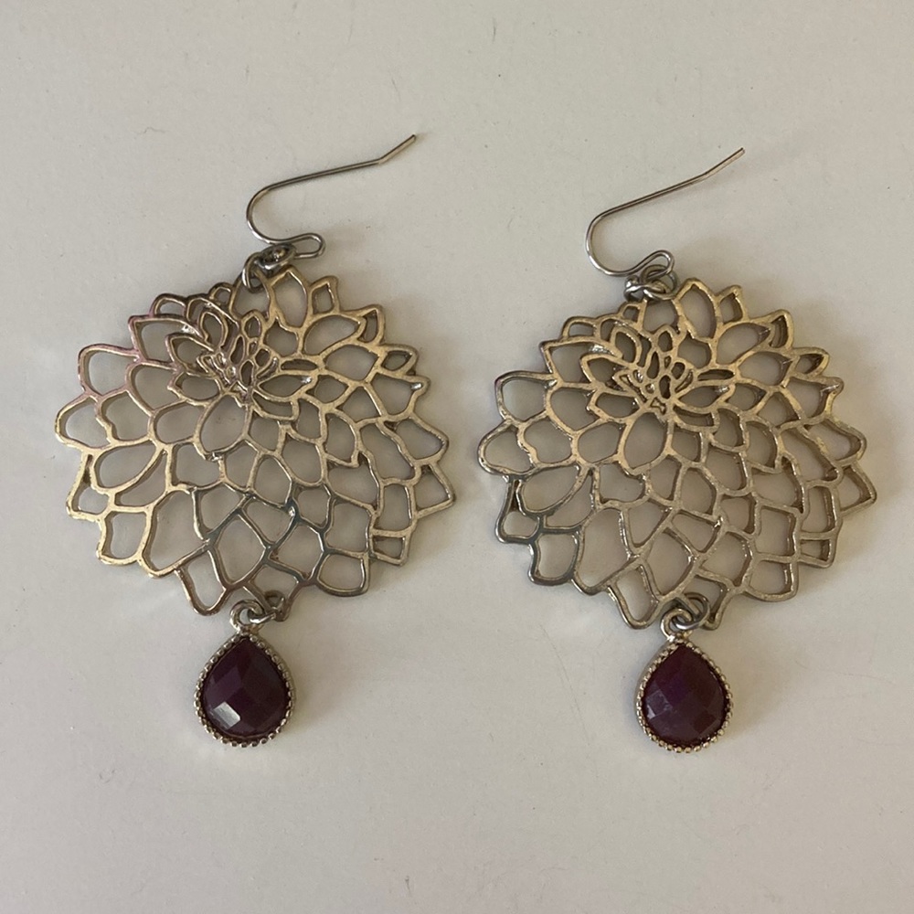 Women's Burgundy Jewel Flower Dangle Earrings